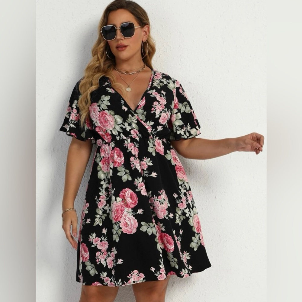 Black and Pink Floral Print Dress